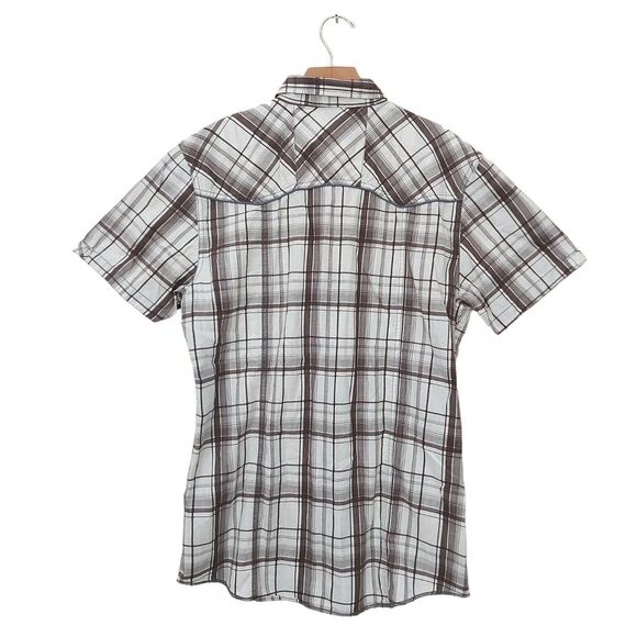 BKE Mens Tailored Fit Plaid Shirt XL White Brown Short Sleeve Pearl Button - Picture 2 of 12